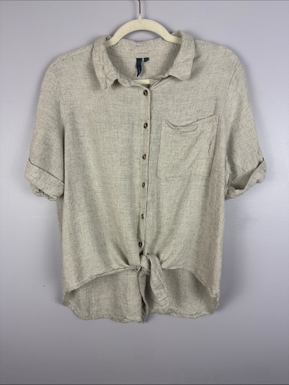 L.O.V. Neutral Linen Viscose Blend Tie Front Button Down Short Sleeve Shirt XL - Picture 2 of 10
